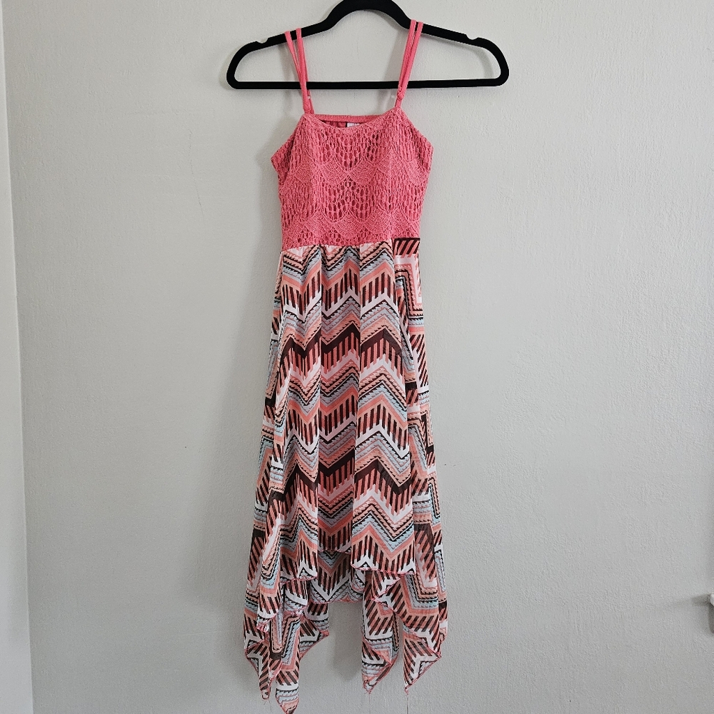 NWOT No Boundaries Girls Coral Multicolor Geometric Patterned Lace Dress Medium